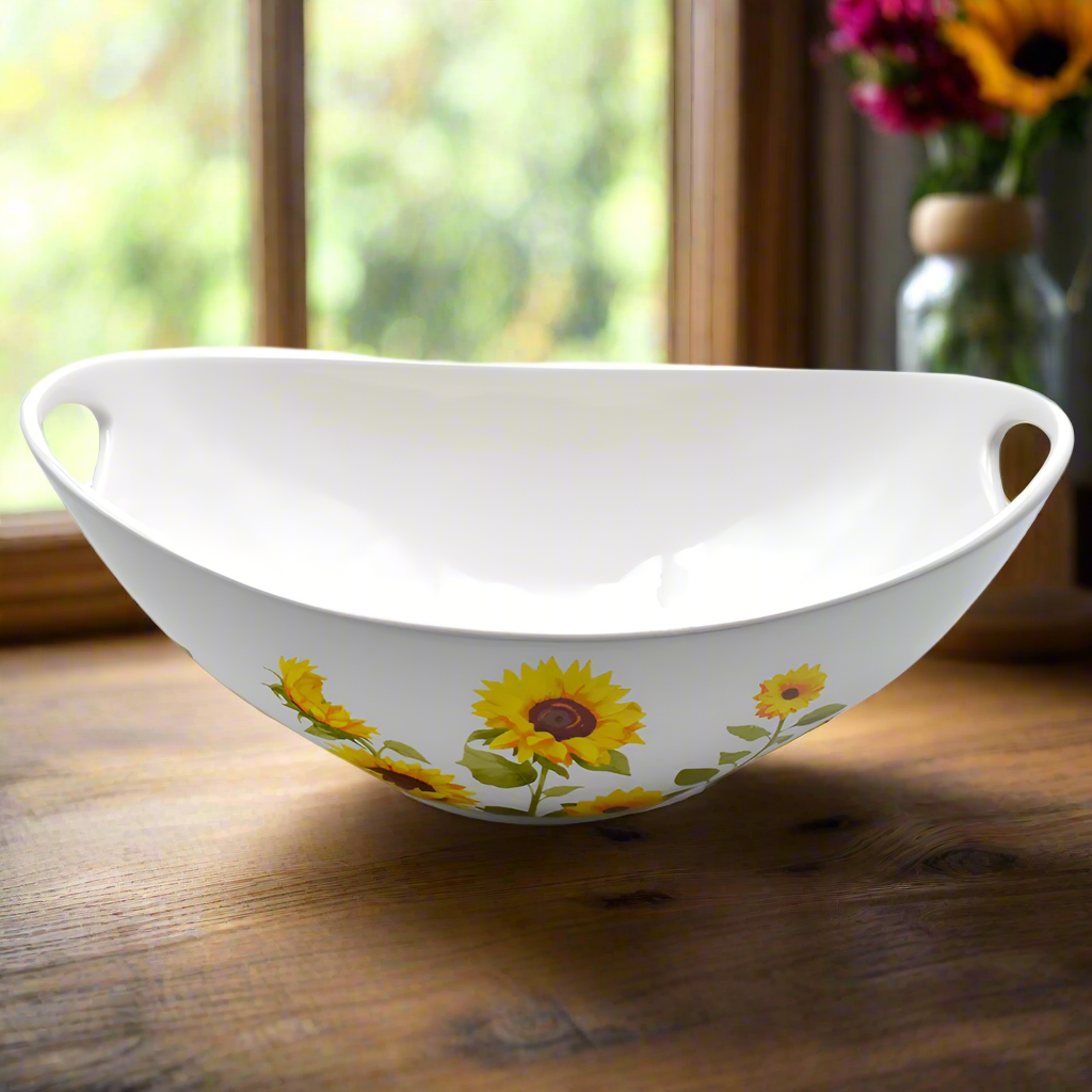 Sunflower 3qt Serving Bowl on farmhouse sable by a window