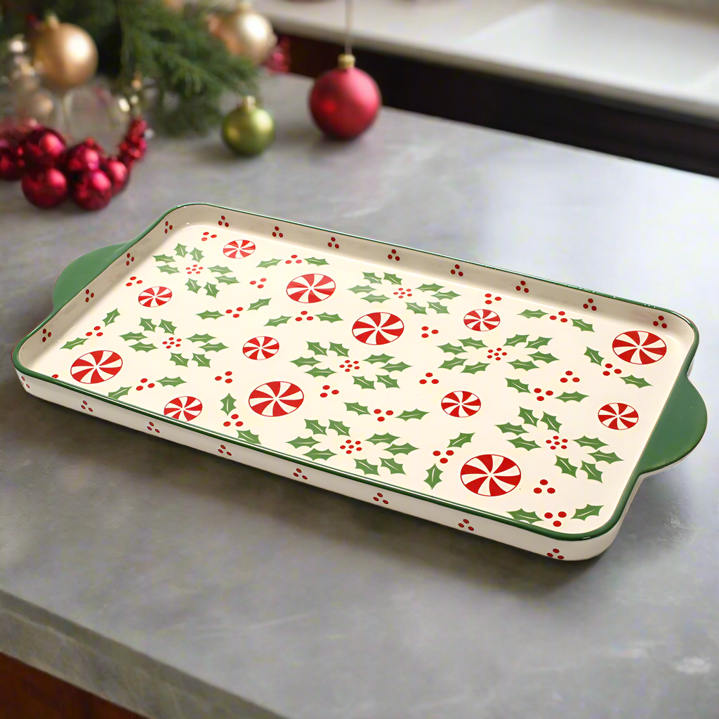 Holly Peppermint 20" Holiday Serving Tray