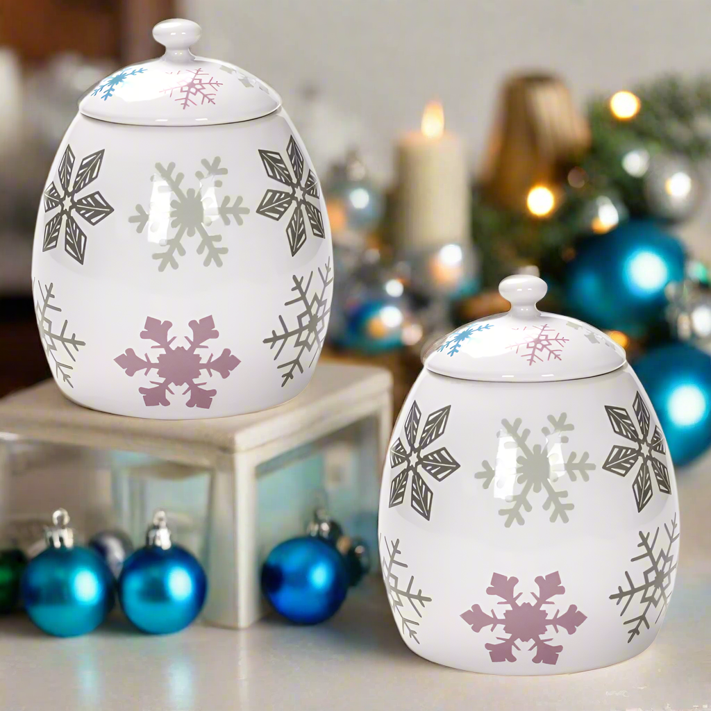 Temp-tations Snowflakes 18 oz Trat Jar Canisters with Christmas decorations