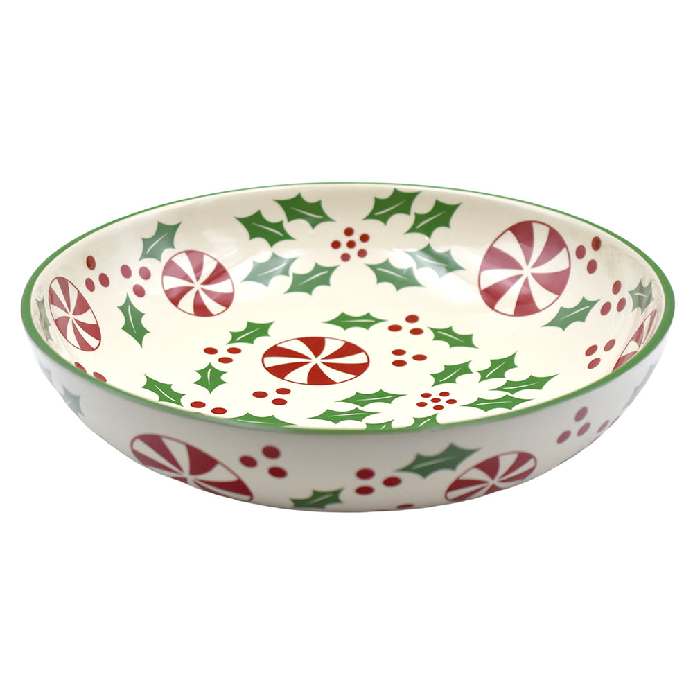 4-qt Shallow Pasta Serving Bowl-Holly Peppermint