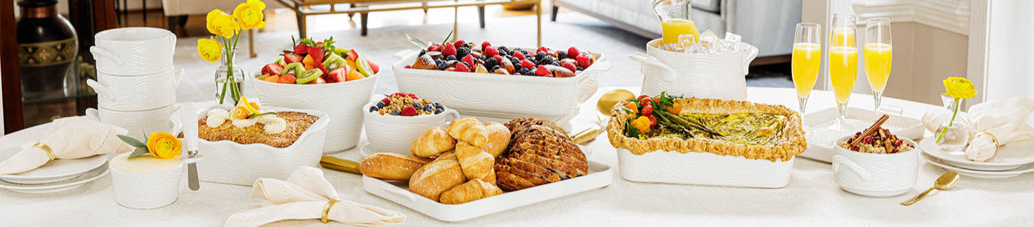 Temp-tations Woodland collection baking and serving dishes with food in a table setting for brunch 