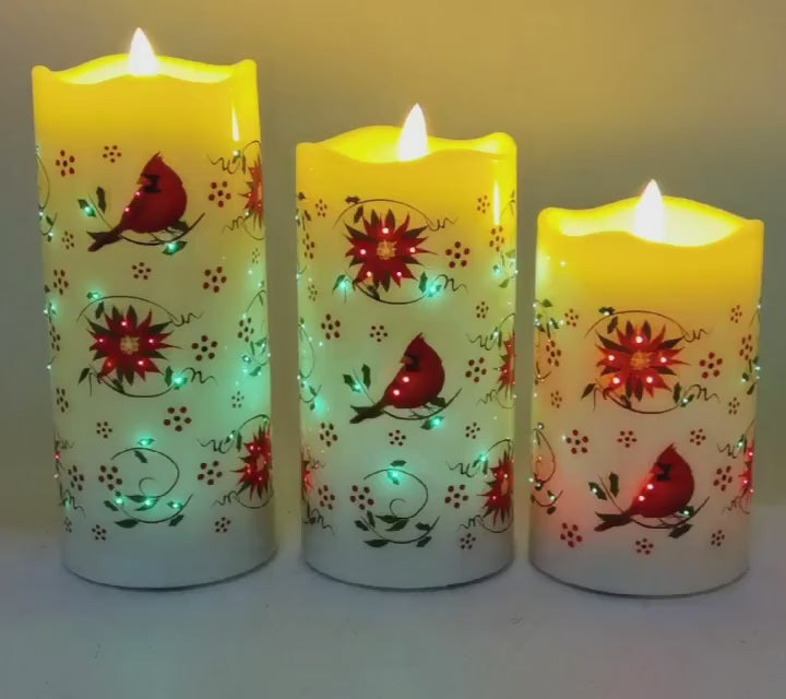 video: Fiberoptic Flameless Candles, Set of 3-Cardinal-Poinsettia