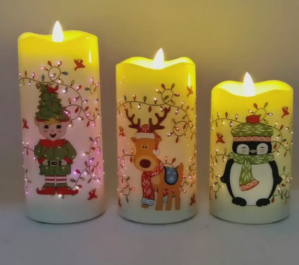 video: Fiberoptic Flameless Candles, Set of 3-Winter Whimsy