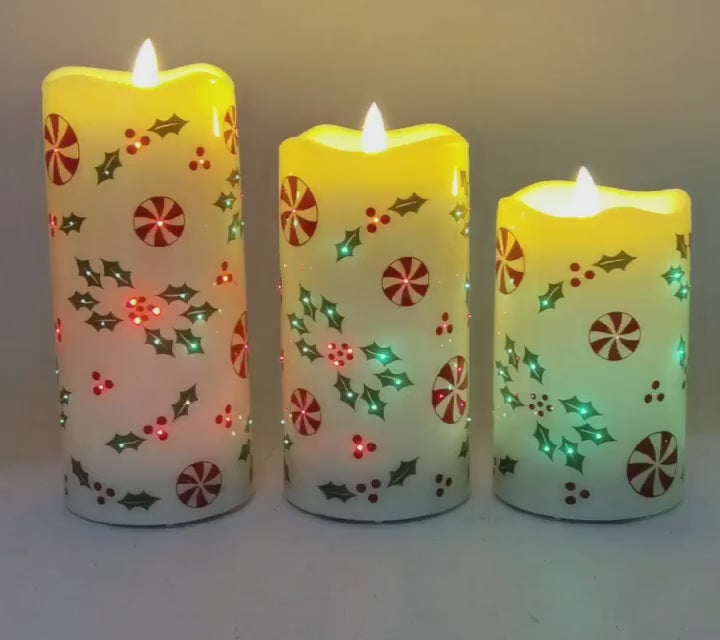 video: Fiberoptic Flameless Candles, Set of 3-Holly Peppermint