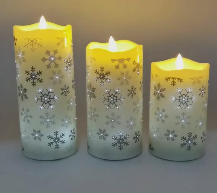 video: Fiberoptic Flameless Candles, Set of 3-Snowflake