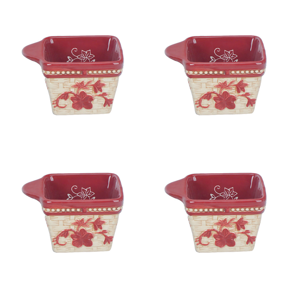 Basketweave 10 oz Square Ramekins, Set of 4-Floral Lace Cranberry