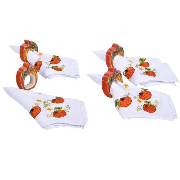 Temp-tations Set of 4 Embroidered Cloth Napkins with Ceramic Napkin Rings - Pumpkin Patch
