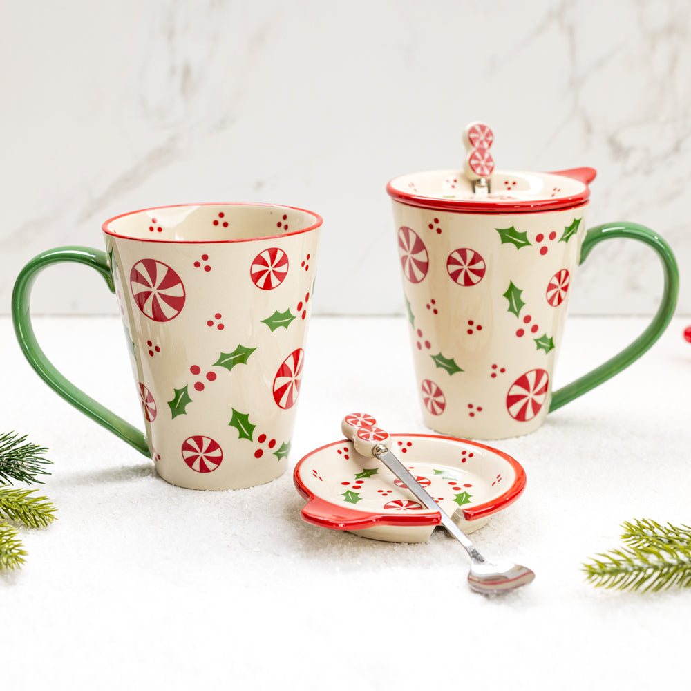 Christmas 16 oz Mugs with Spoons, Set of 2-Peppermint & Holly