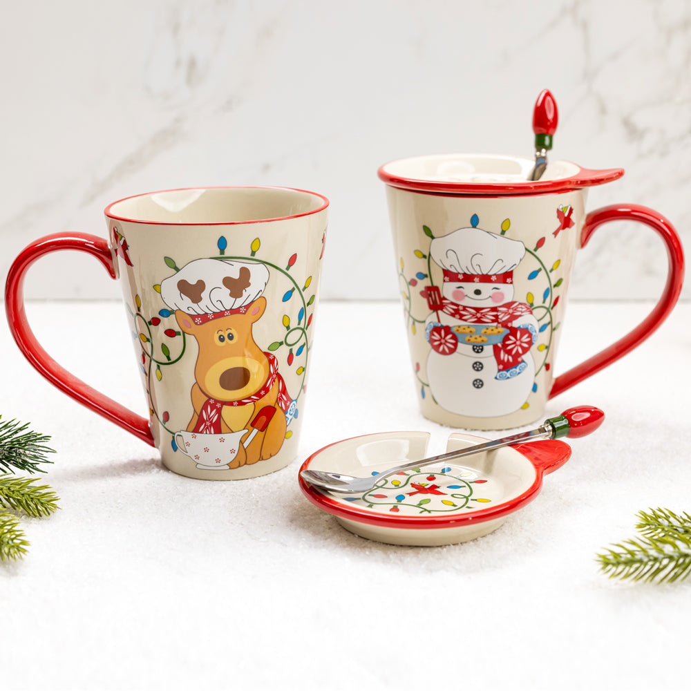 Christmas 16 oz Mugs with Spoons, Set of 2-Merry Chefs