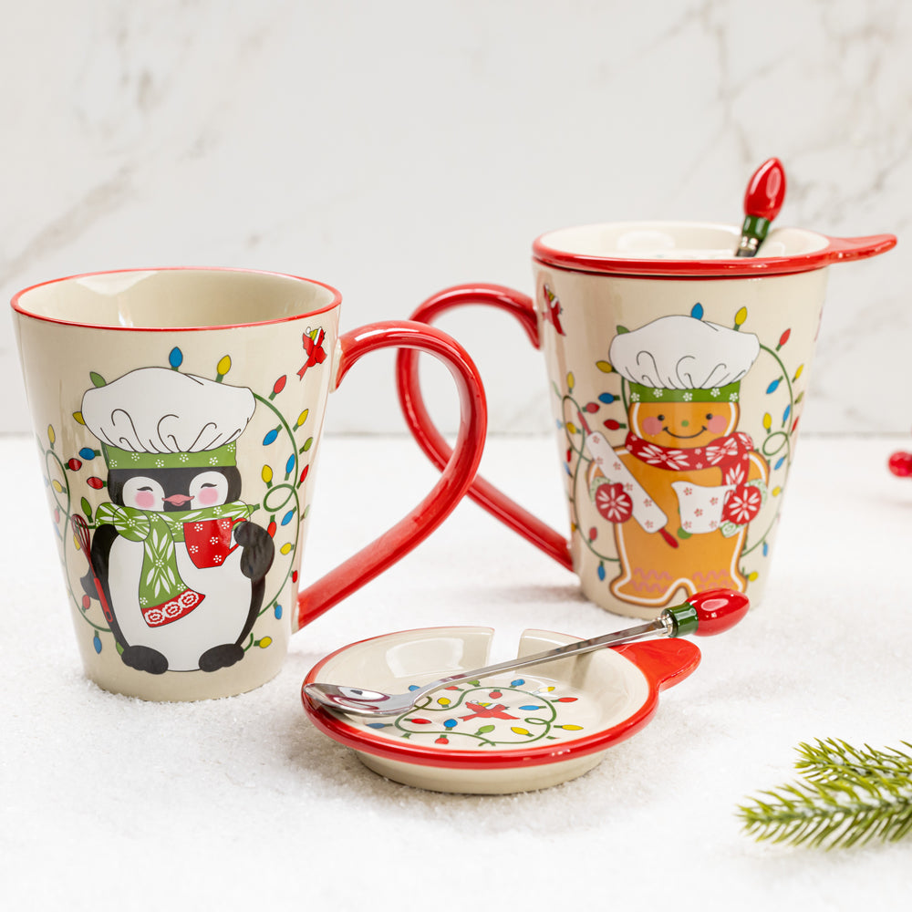 Christmas 16 oz Mugs with Spoons, Set of 2- Merry Chefs