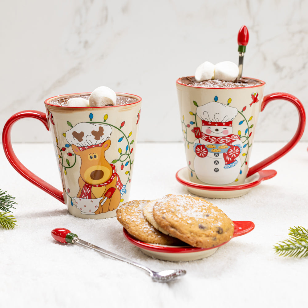 Christmas 16 oz Mugs with Spoons, Set of 2- Merry Chefs