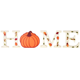 temp-tations wooden "HOME" letters sign with fall leaves and a pumpkin decorations