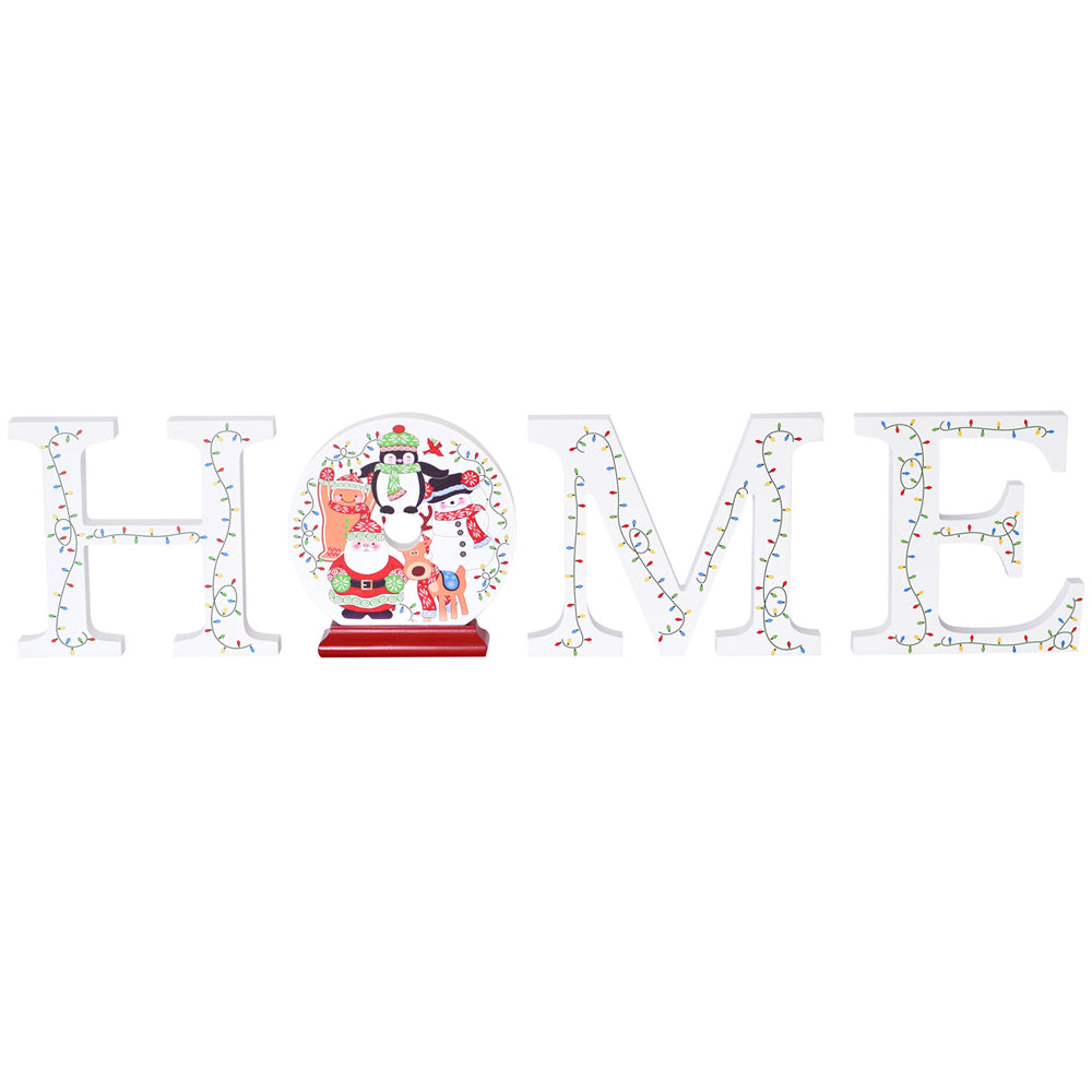 temp-tations wooden "HOME" letters sign with christmas lights and snow globe decorations