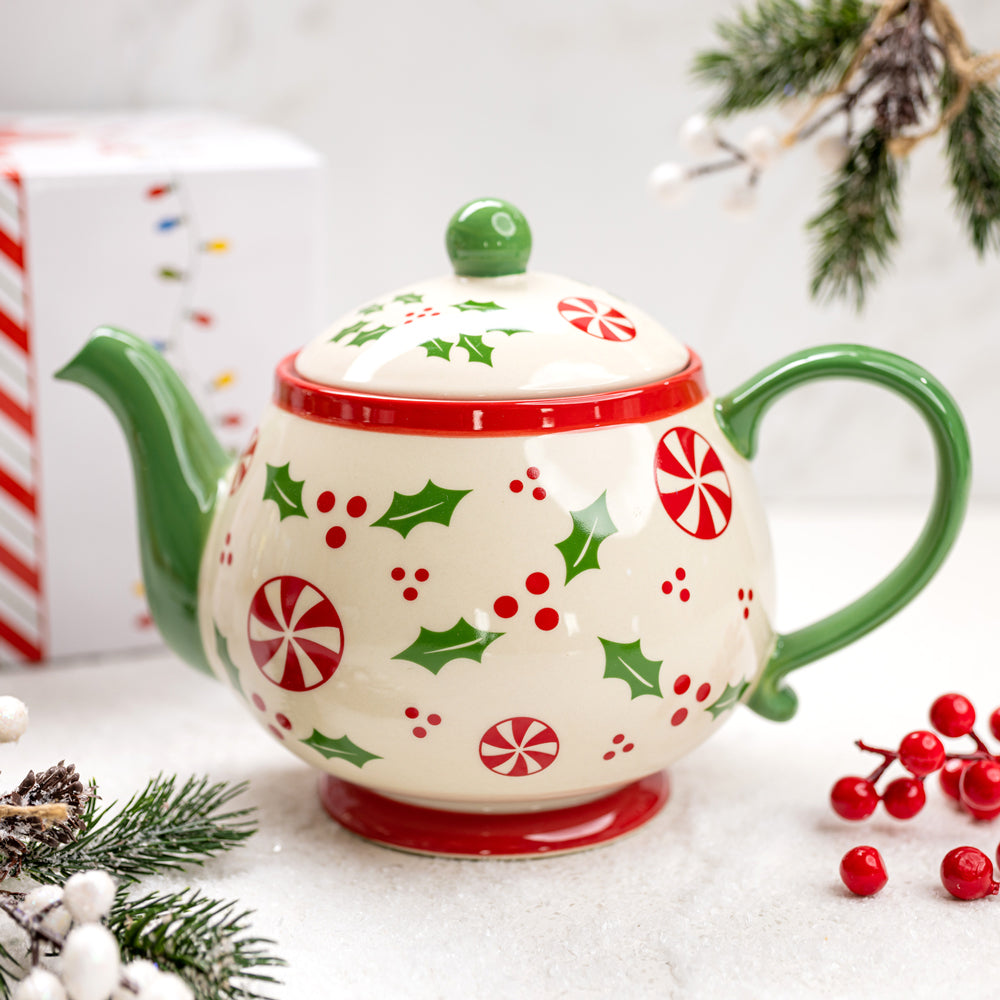 Christmas Tea Pot with Gift Box-Peppermint & Holly