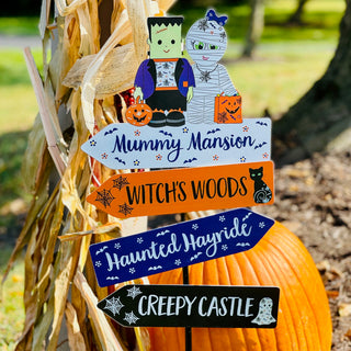 outdoor fall scene with temp-tations metal holiday yard sign with stake in Halloween Boofetti