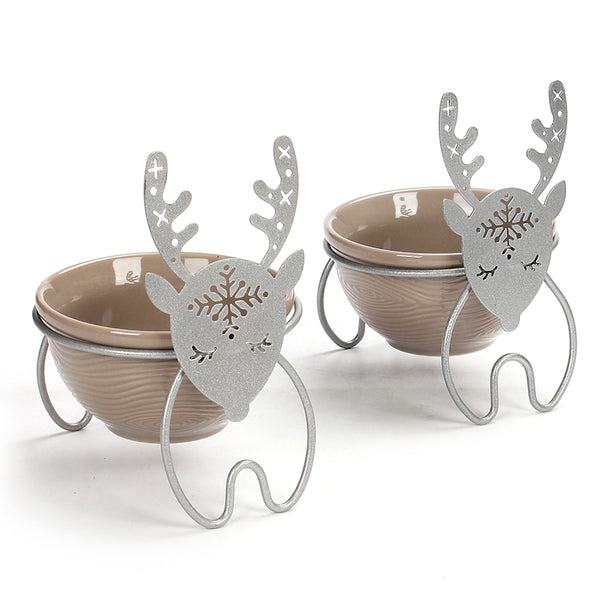 Woodland 8oz Ramekins with Metal Reindeer Holders, Set of 2-Taupe