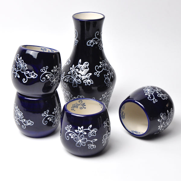 Set of 4 Grip Cups with Carafe-Floral Lace Blue