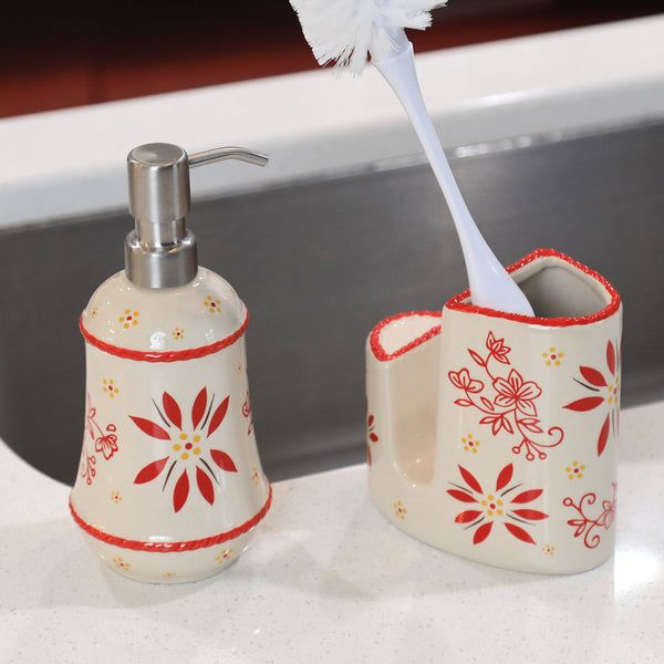 Temp-tations Essentials Soap Dispenser & Sponge Holder in Classic Red on a kitchen sink