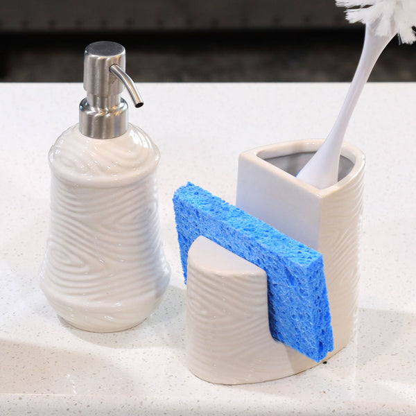 Temp-tations Essentials Soap Dispenser & Sponge Holder in Woodland White on a kitchen sink