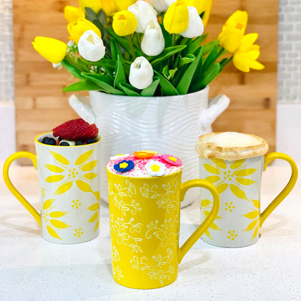 16 oz Tall Bistro Mugs, Set of 4-Old World & Floral Lace Yellow
