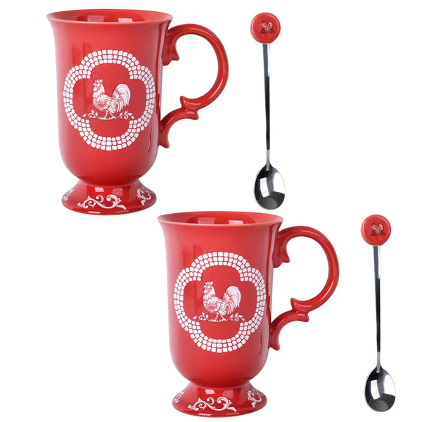 16oz Mugs with Spoons, Set of 2-Doodle Doo Red